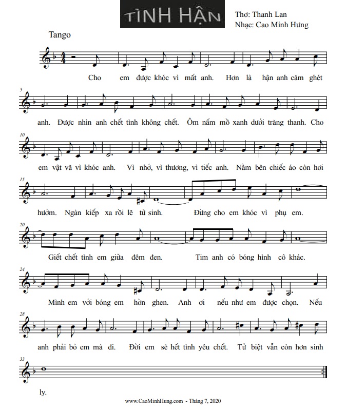 Sheet nhạc Tình hận - Trang 1