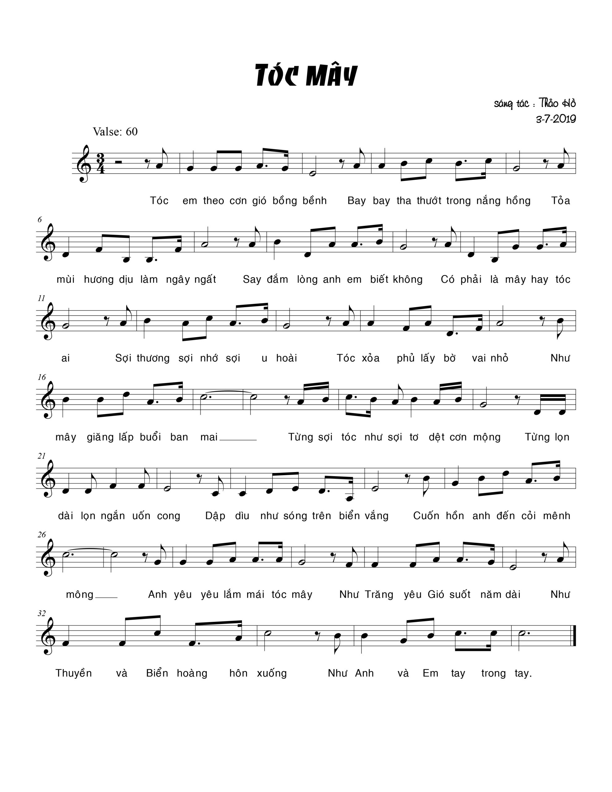 Sheet nhạc Tóc mây - Trang 1