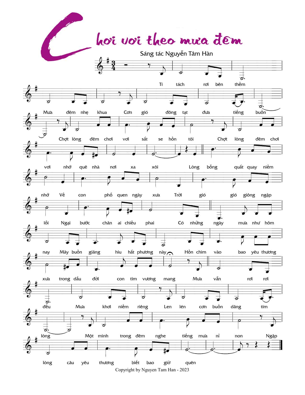 Sheet nhạc Chơi vơi theo mưa đêm - Trang 1