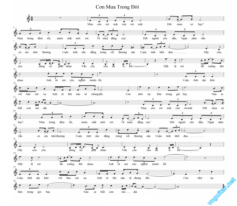 Sheet nhạc Cơn mưa trong đời (Seaside hotel - 海辺のホテル) - (Càng yêu tình càng đẹp - Shǐ ài qíng gēng měi lì  - 使爱情更美丽) - Trang 1
