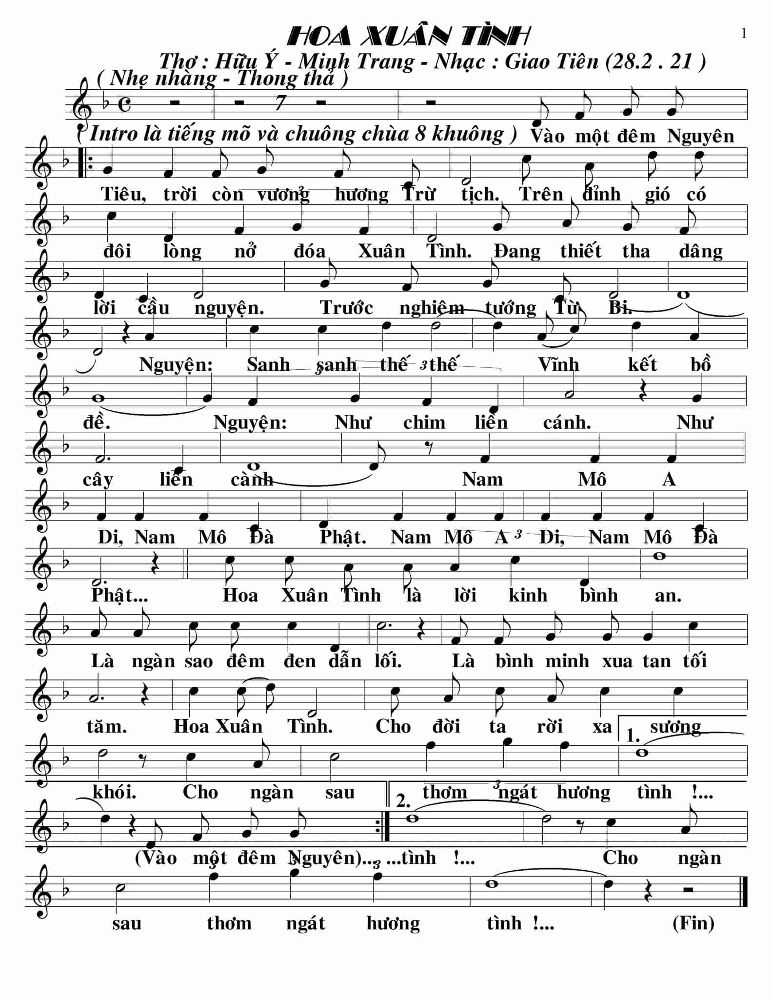 Sheet nhạc Hoa xuân tình - Trang 1