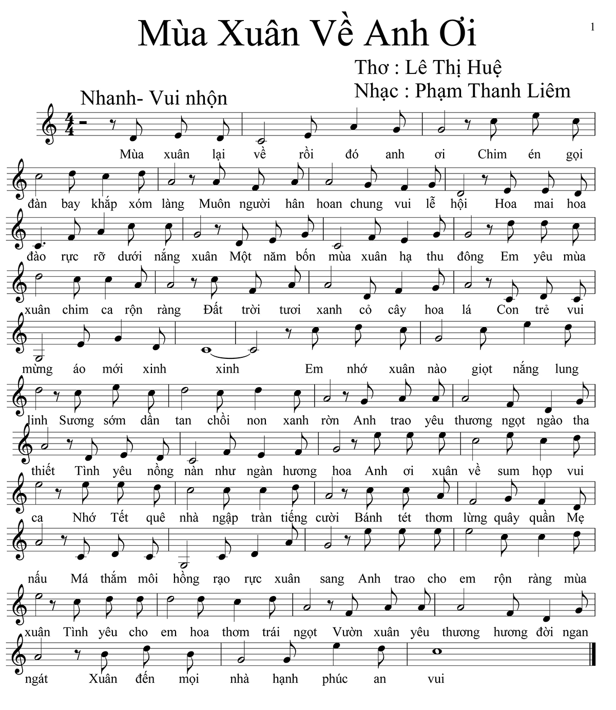 Sheet nhạc Mùa xuân về anh ơi - Trang 1
