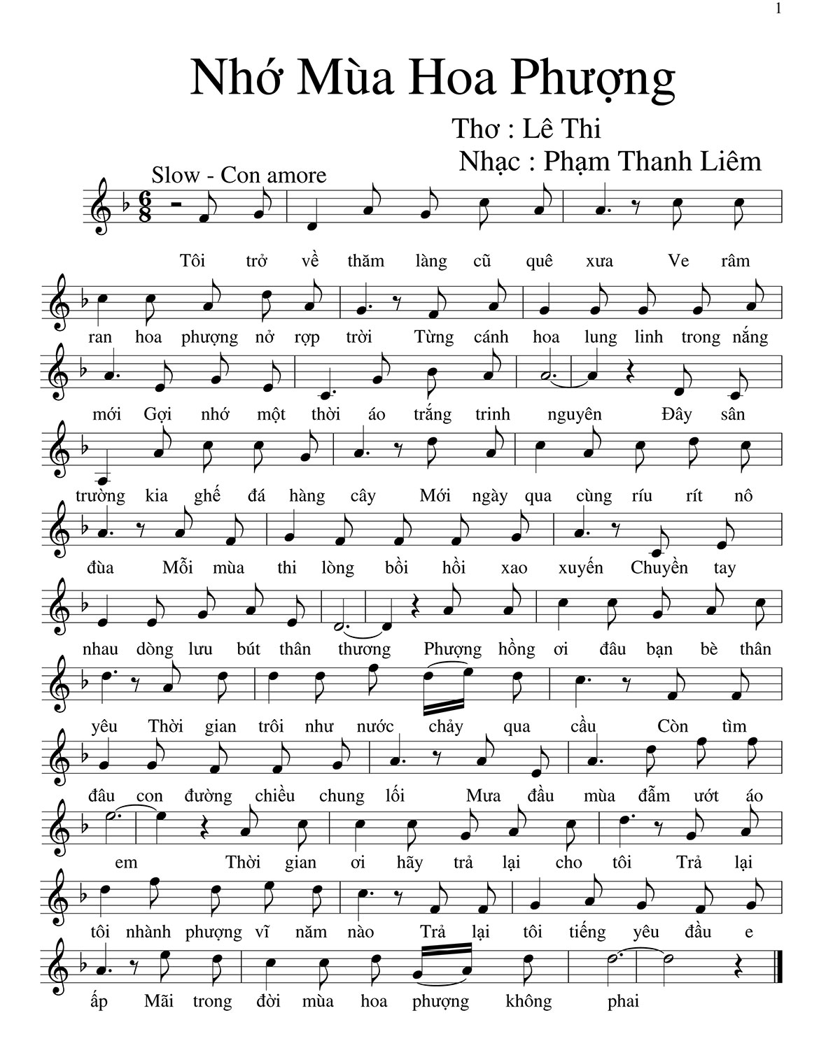 Sheet nhạc Nhớ mùa hoa phượng - Trang 1