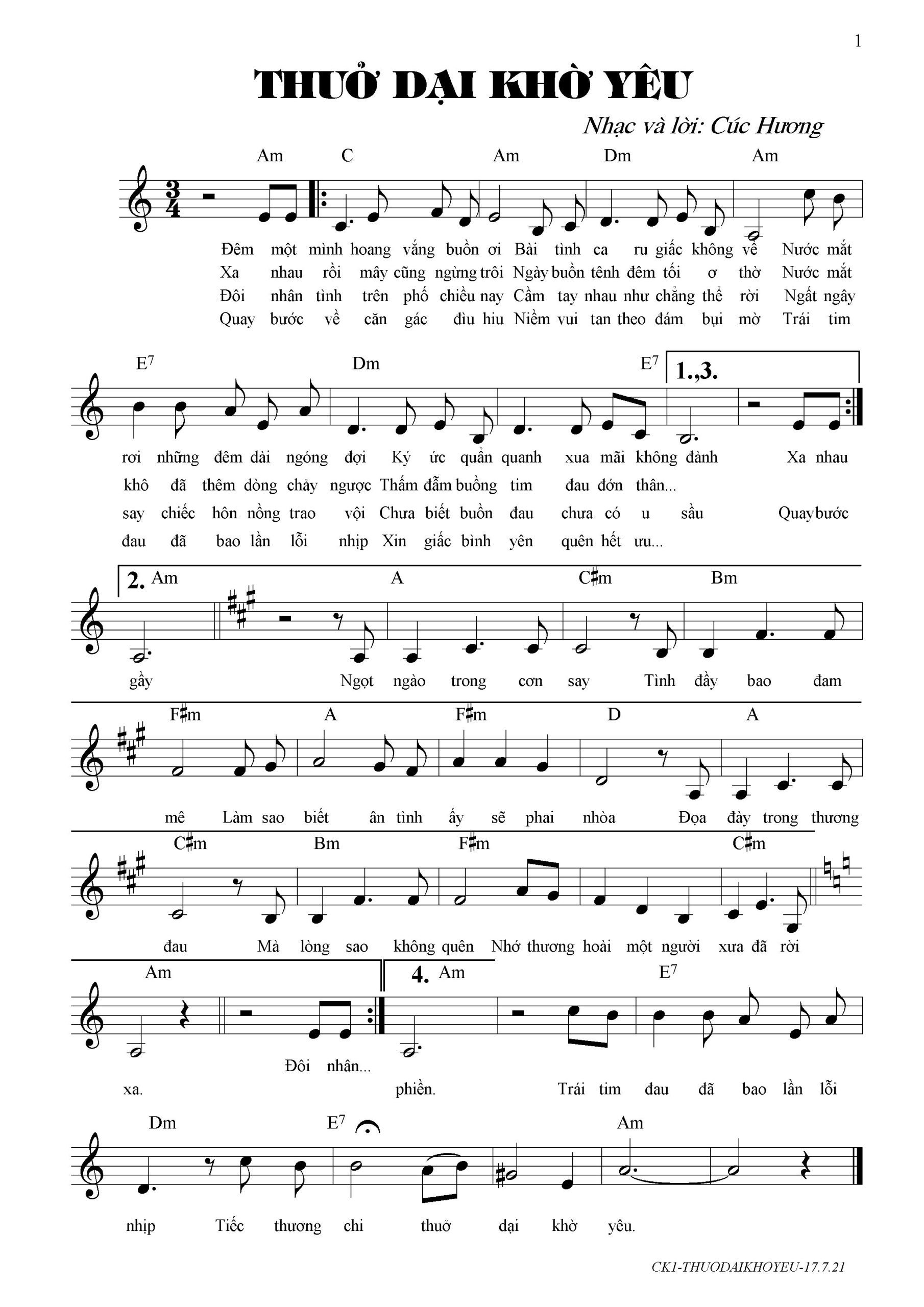 Sheet nhạc Thuở dại khờ yêu - Trang 1