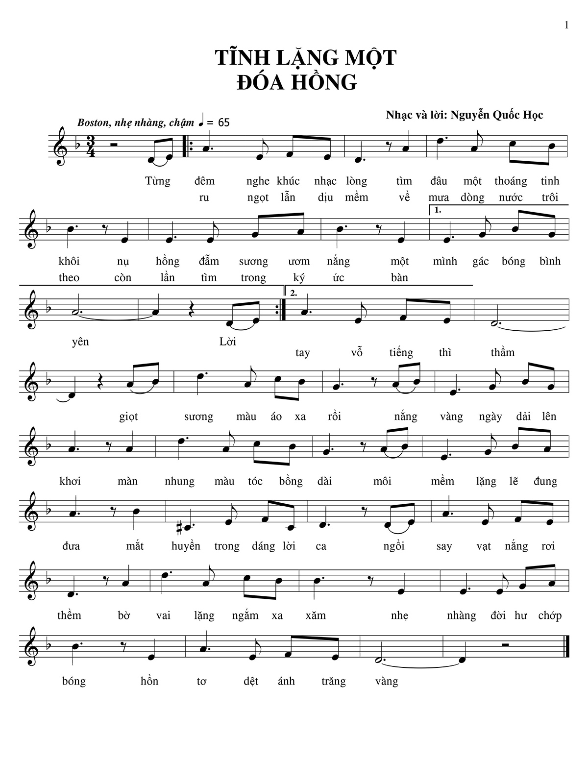 Tĩnh lặng một đóa hồng Sheet Nhạc