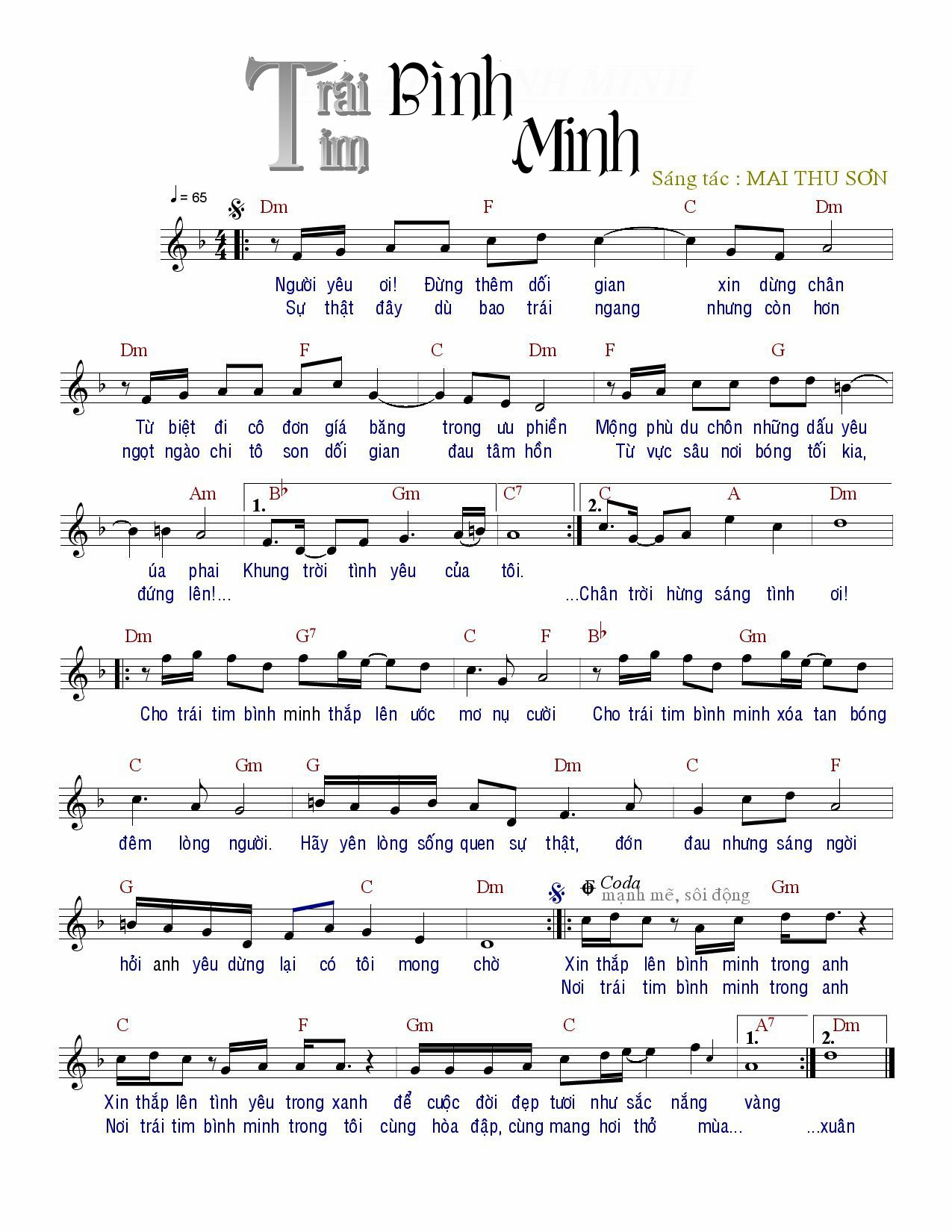 Sheet nhạc Trái tim bình minh - Trang 1