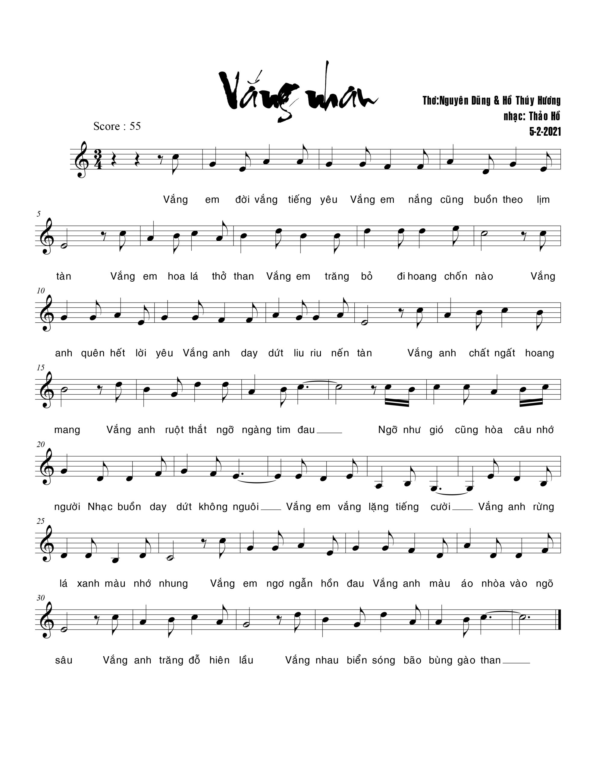 Sheet nhạc Vắng nhau - Trang 1