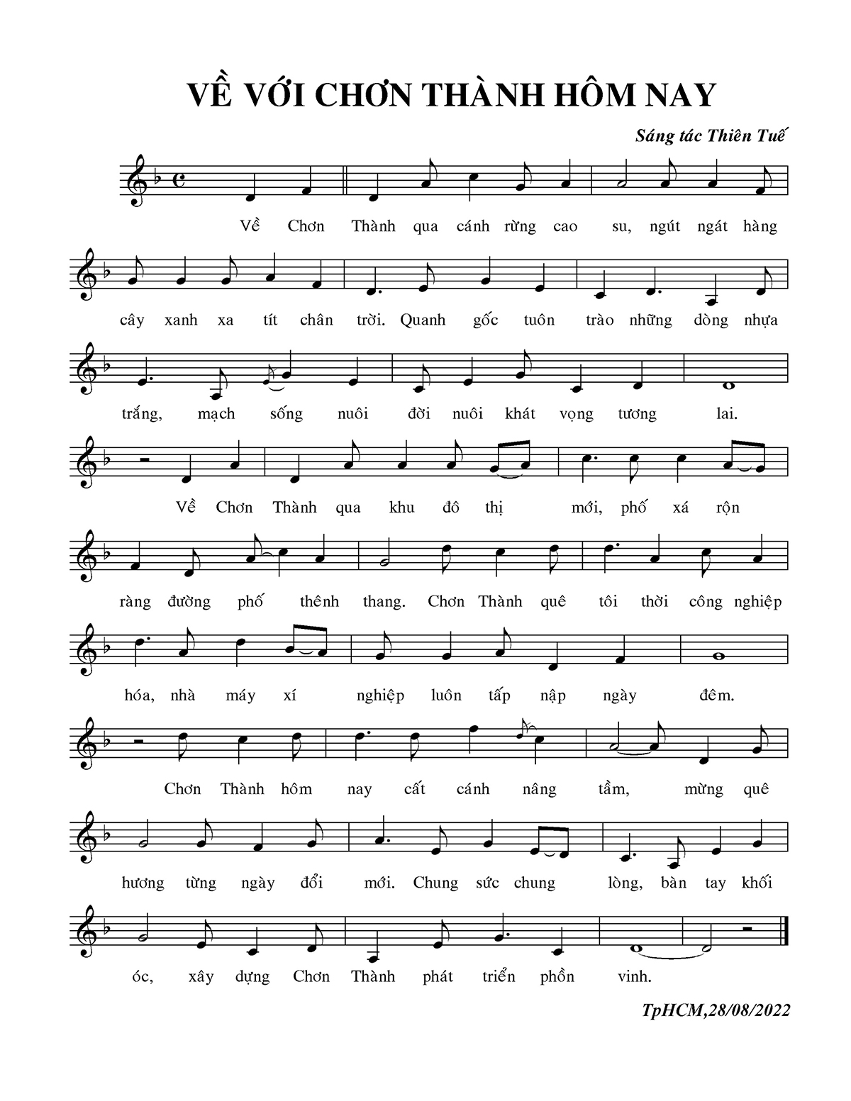 Sheet nhạc Về Chơn Thành hôm nay - Trang 1