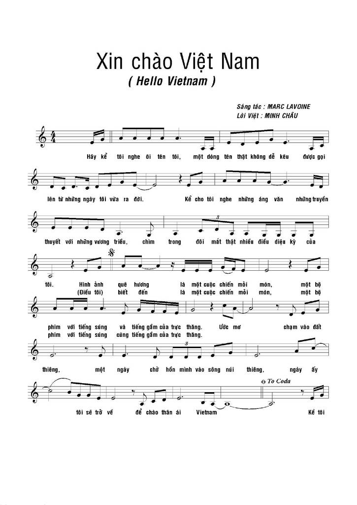 Sheet nhạc Xin chào Việt Nam (Bonjour Vietnam) - Trang 1