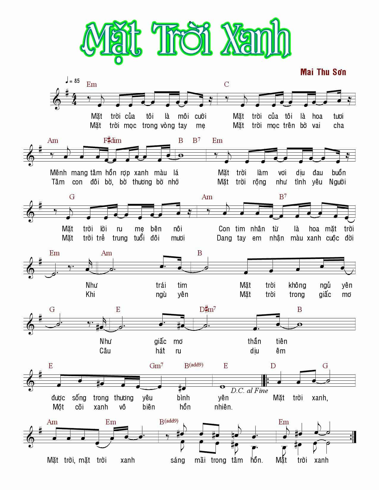 Sheet nhạc Mặt trời xanh - Trang 1