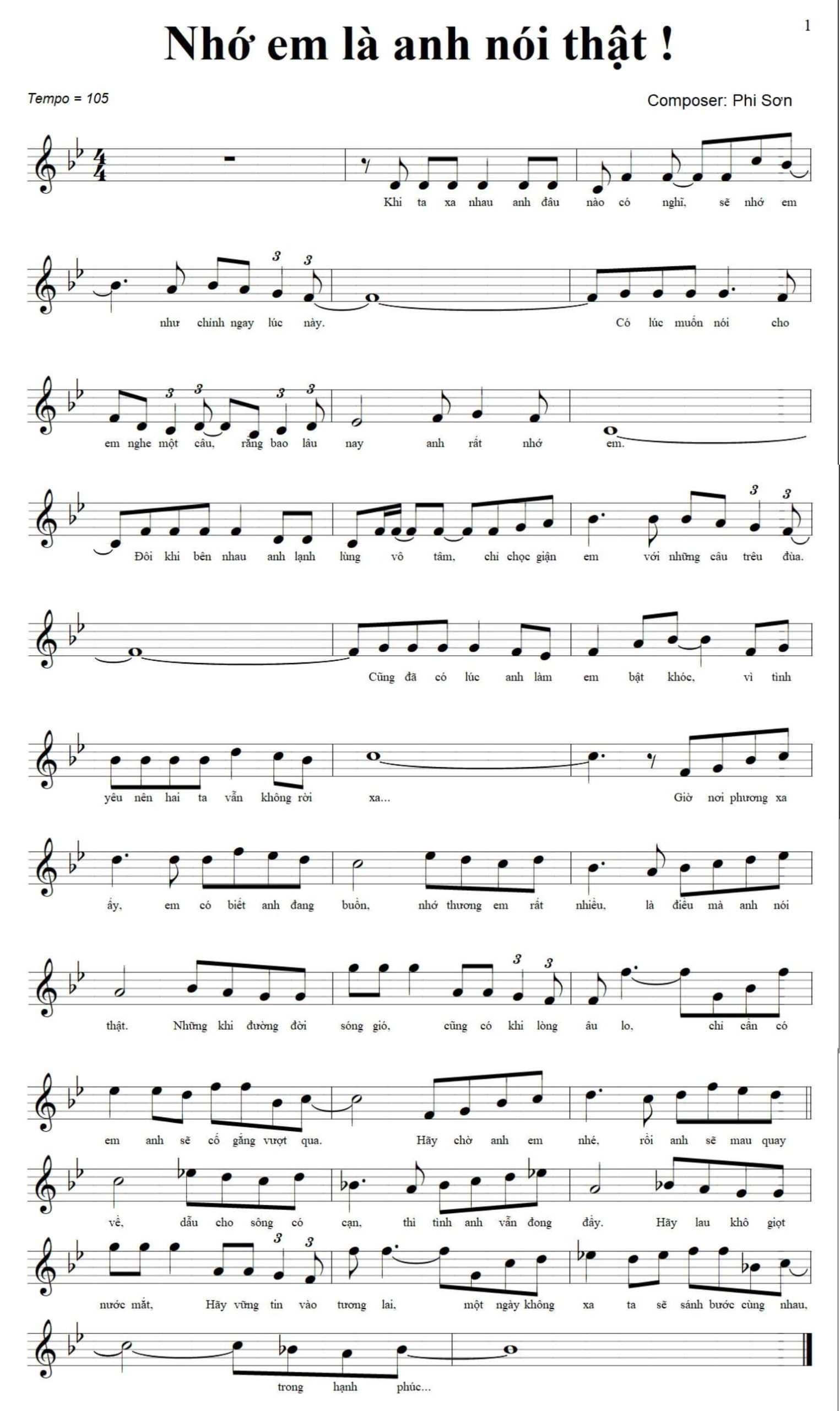 Sheet nhạc Nhớ em là anh nói thật - Trang 1