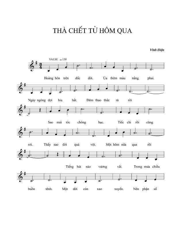 Sheet nhạc Thà chết từ hôm qua - Trang 1