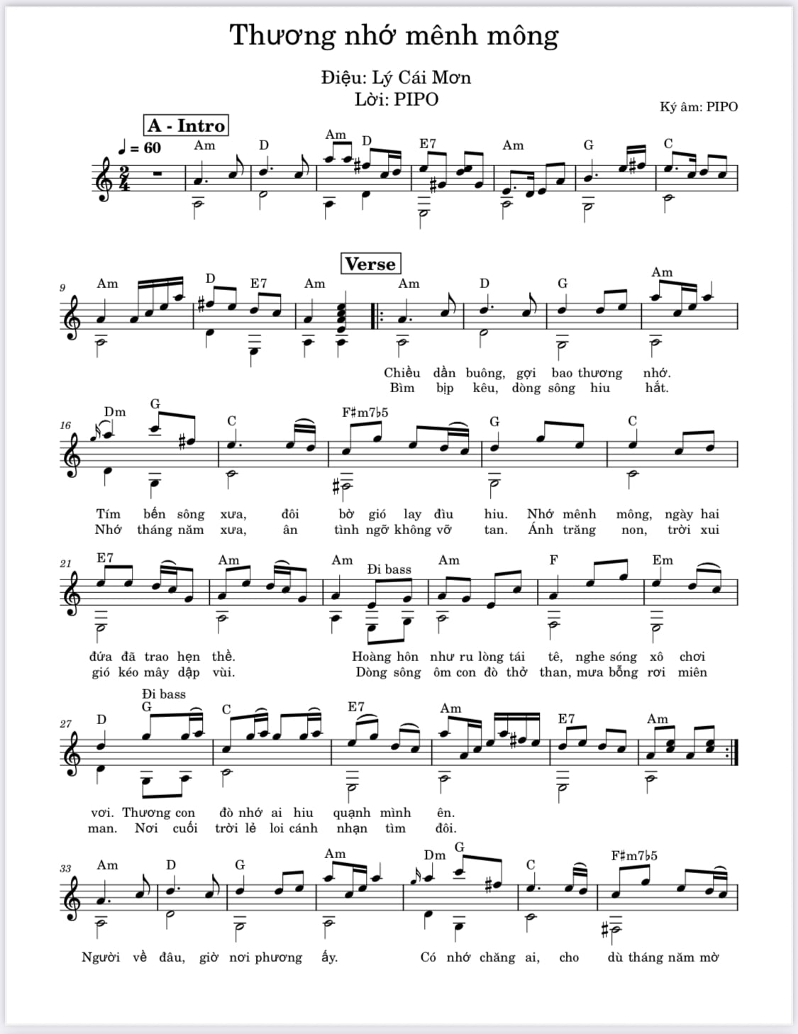 Sheet nhạc Thương nhớ mênh mông (Lý Cái Mơn ) - Trang 1